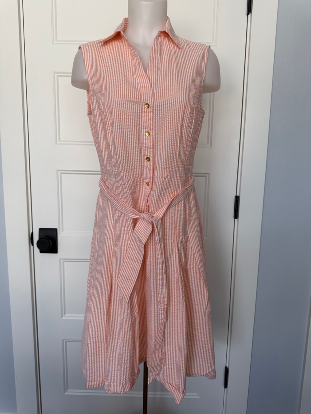 Jones New York Seersucker Waist Tie String Sleeveless Dressin Sz 10